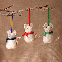 Wool felt ornaments, 'Mouse Colors' (set of 3) - Armenian-Made Mouse-Shaped 3-Piece Wool Felt Ornament Set