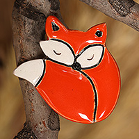 Ceramic brooch pin, 'Clever Dreams' - Handmade Fox-Shaped Ceramic Brooch Pin in a Glazed Finish