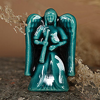 Ceramic brooch pin, 'Angelic Essence' - Crackled Glazed Teal Ceramic Angel Brooch Pin from Armenia