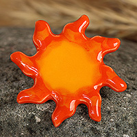 Ceramic brooch pin, 'My Sunshine' - Sun-Shaped Glazed Ceramic Brooch Pin Hand-Painted in Armenia