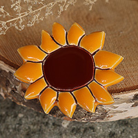 Ceramic brooch pin, 'Adoration Petals' - Spring-Inspired Glazed Sunflower-Shaped Ceramic Brooch Pin