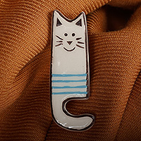 Ceramic brooch pin, 'Cheerful Feline' - Whimsical Cat-Themed Glazed Ceramic Brooch Pin from Armenia