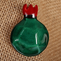 Ceramic brooch pin, 'Emerald Omen' - Glazed Emerald and Red Pomegranate-Shaped Ceramic Brooch Pin