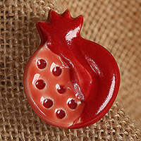 Ceramic brooch pin, 'Omen of Passion' - Traditional Glazed Pomegranate-Shaped Red Ceramic Brooch Pin