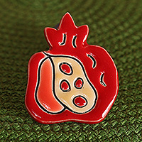 Ceramic brooch pin, 'Pomegranate Vision' - Classic Glazed Red Pomegranate-Themed Ceramic Brooch Pin