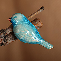 Ceramic brooch pin, 'Aqua Feathers' - Crackled Handmade Bird-Shaped Aqua Blue Ceramic Brooch Pin