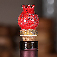 Ceramic bottle stopper, 'Pomegranate Essential' - Fair Trade Glazed Pomegranate-Shaped Ceramic Bottle Stopper