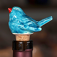 Ceramic bottle stopper, 'Teal Grandeur' - Armenian-Made Bird-Themed Ceramic and Cork Bottle Stopper