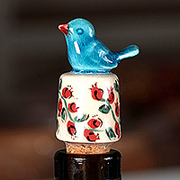 Ceramic bottle stopper, 'Spring Elixir' - Spring-Themed Ceramic Bottle Stopper with Blue Bird Detail