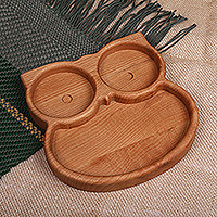 Wood appetizer plate, 'Owl Ambrosia' - Polished Owl-Shaped Beech Wood Appetizer Plate from Armenia