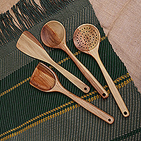 Wood serving utensils, 'Culinary Quartet' (set of 4) - Armenian-Made Carved 4-Piece Beech Wood Serving Utensil Set