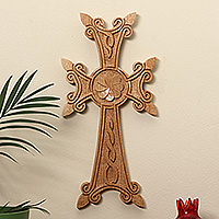 Wood cross, 'Bloom of Belief' - Light Brown Floral Beech Wood Cross Hand-Carved in Armenia