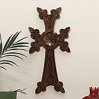 Wood cross, 'Bloom of Devotion' - Dark Brown Floral Beech Wood Cross Hand-Carved in Armenia