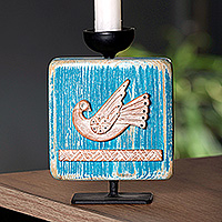 Wood candleholder, 'Bird Light' - Blue Bird Beechwood Candleholder in a Distressed Finish