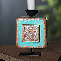 Wood candleholder, 'Turquoise Flame' - Khachkar-Themed Beechwood Candleholder in Turquoise Hues