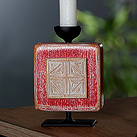 Wood candleholder, 'Red Gleam' - Fair Trade Beechwood and Iron Khachkar Candleholder in Red