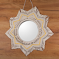 Cotton macrame mirror, 'Sunbeam' - Sun-Shaped Cotton Macrame Wall Mirror in Ivory and Yellow