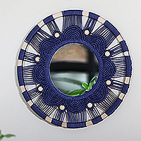 Wood macrame mirror, 'Blossoming Reflection' - Floral Handmade Round Blue Macrame Mirror with Wood Beads