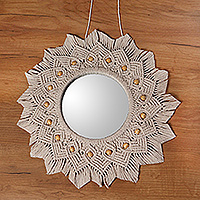 Cotton macrame mirror, 'Spring Reflection' - Handwoven Floral Cotton Macrame Mirror with Yellow Beads