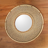 Wood macrame mirror, 'Circle of Serenity' - Wood Wall Mirror with Intricate Macrame Design in Beige Hue