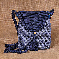 Knit sling bag, 'Adventures in Blue' - Bohemian Blue Knit Sling Bag with Braided Strap from Armenia