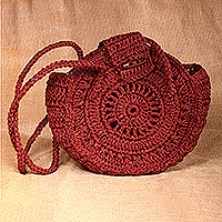 Macrame sling bag, 'Sunset Cycle' - Macrame Round Burgundy Sling Bag with Wood Button Closure