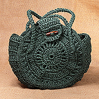 Macrame sling bag, 'Forest Cycle' - Knit Macrame Round Green Sling Bag with Wood Button Closure