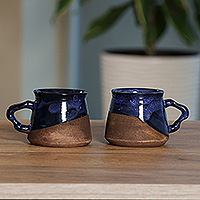 Ceramic coffee cups, 'Energizing Blue' (pair) - Artisan-Made Glazed Blue and Brown Ceramic Coffee Cup Pair