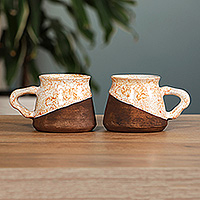 Ceramic cups, 'Energizing Yellow' (pair) - Two Handcrafted Glazed Yellow Ivory and Brown Ceramic Cups