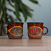 Ceramic cups, 'Ancient Heritage' (pair) - 2 Ancient Armenian Petroglyph-Themed Handmade Ceramic Cups