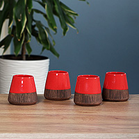 Ceramic cups, 'Red Tonic' (set of 4) - Armenian-Made Glazed Red and Brown 4-Piece Ceramic Cup Set