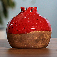 Ceramic bud vase, 'Immortal Pomegranate' - Armenian-Made Glazed Red and Brown Pomegranate Ceramic Vase