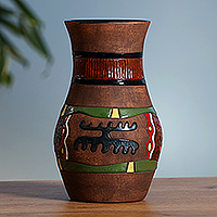 Ceramic vase, 'Ancient  Age' - Folk Art Petroglyph-Themed Painted Ceramic Vase from Armenia