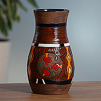 Ceramic vase, 'Premier Age' - Glazed Petroglyph-Inspired Painted Ceramic Vase from Armenia