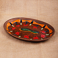 Ceramic decorative plate, 'Pomegranate Dance' - Folk Art Pomegranate-Themed Oval Ceramic Decorative Plate