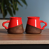 Ceramic mugs, 'Red Awakening' (pair) - Glazed Red and Brown Ceramic Mug Pair Handcrafted in Armenia