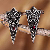 Garnet drop earrings, 'Triangle Bliss' - Modern Darkened Garnet Silver Triangular Drop Earrings