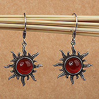 Carnelian dangle earrings, 'Sunny Fieriness' - Carnelian Cabochon and Sterling Silver Sun Dangle Earrings