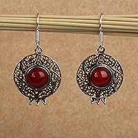 Carnelian dangle earrings, 'Pomegranate Dame' - Pomegranate-Themed Round Carnelian Cabochon Dangle Earrings