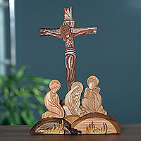 Wood sculpture, 'Crucifixion of Jesus' - Hand-Carved Religious Wood Sculpture of The Crucifixion