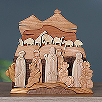 Wood sculpture, 'Noah and Mount Ararat' - Christian-Inspired Wood Sculpture of Noah and His Family