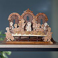 Wood sculpture, 'Last Supper' - Hand-Carved Last Supper Wood Sculpture in a Polished Finish