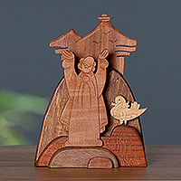 Wood sculpture, 'Noah and Dove' - Genesis Flood-Inspired Handmade Wood Sculpture from Armenia