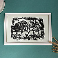 Intaglio print, 'Elephants in Love' - Fair Trade Ink on Paper Elephant Intaglio Print from Armenia