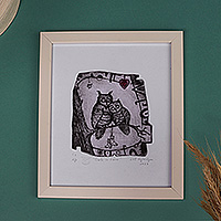 Intaglio print, 'Owls in Love' - Armenian Ink on Paper Intaglio Print of Romantic Owl Couple