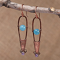 Apatite and amethyst dangle earrings, 'Ethereal Altars' - Antiqued Copper Natural Apatite and Amethyst Dangle Earrings