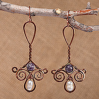 Amethyst and cultured pearl dangle earrings, 'Enchanted Dame' - Classic Antiqued Copper Amethyst and Pearl Dangle Earrings