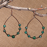 Agate dangle earrings, 'Hopeful Dew' - Natural Green Agate and Antiqued Copper Dangle Earrings