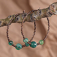 Agate hoop earrings, 'Harmonious Eternity' - Traditional Green Agate and Antiqued Copper Hoop Earrings