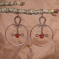 Carnelian dangle earrings, 'Ancient Flames' - Fair Trade Antiqued Copper and Carnelian Dangle Earrings